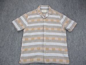 Folk Shirt Mens Small Tan Blue Striped Linen Cotton Short Sleeve Camp Collar